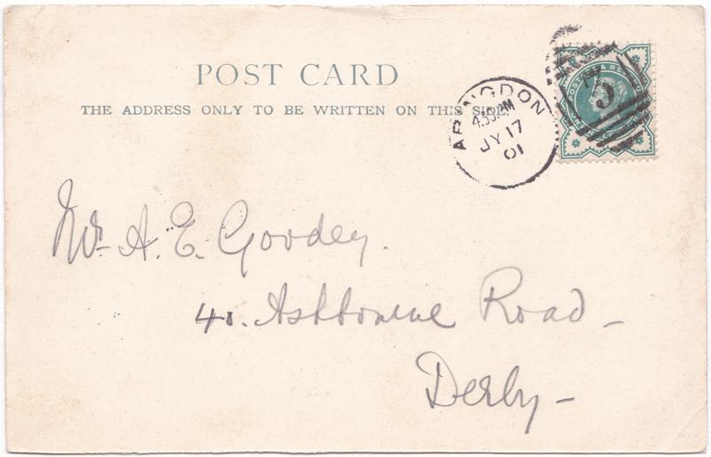 The reverse of an old postcard. The postcard is of Abingdon: The Bridge