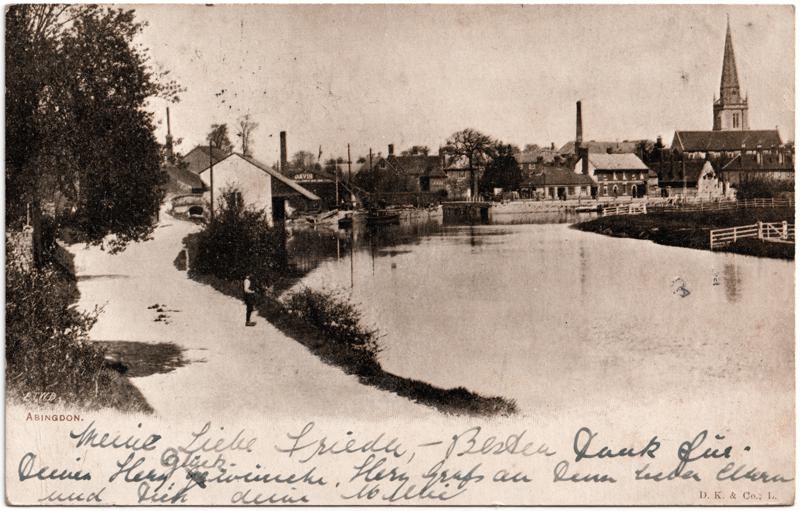 The front of an old postcard. The postcard is of Abingdon: River Thames
