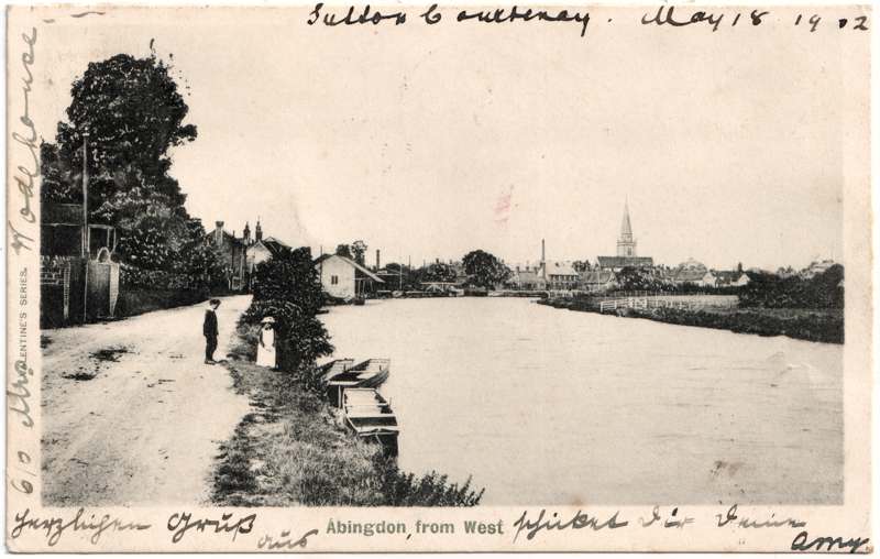 The front of an old postcard. The postcard is of Abingdon: St. Helen's Wharf
