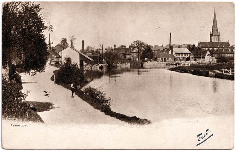 The front of an old postcard. The postcard is of Abingdon: River Thames