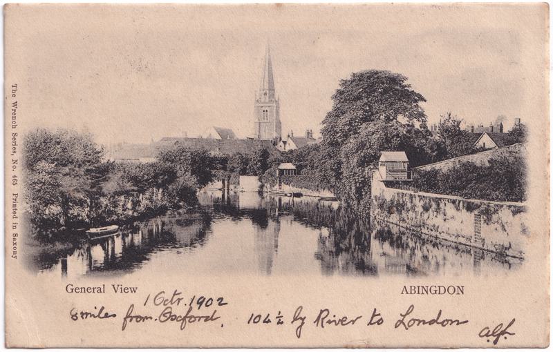 The front of an old postcard. The postcard is of Abingdon: River Thames