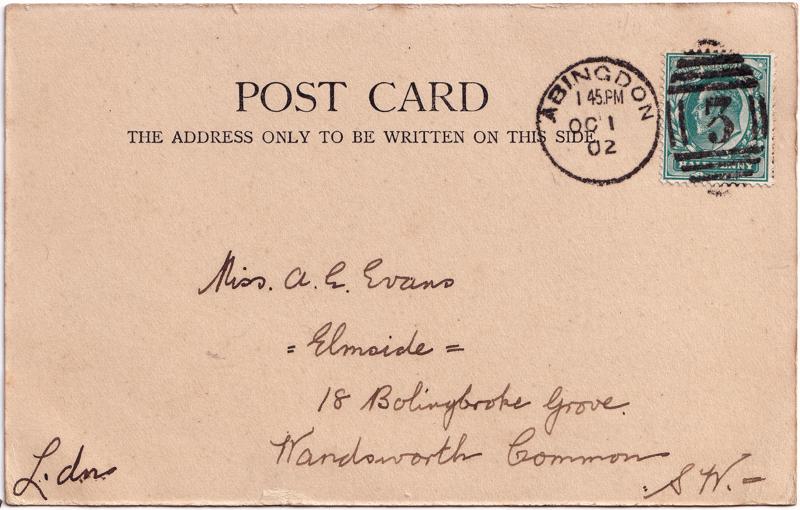 The reverse of an old postcard. The postcard is of Abingdon: River Thames