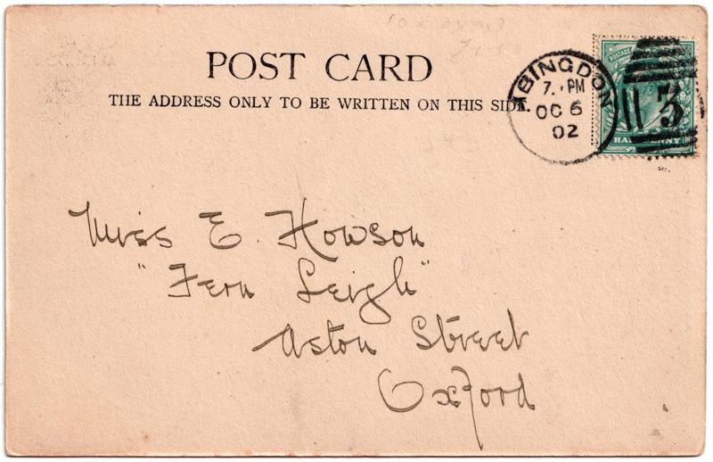 The reverse of an old postcard. The postcard is of Abingdon: Marketplace