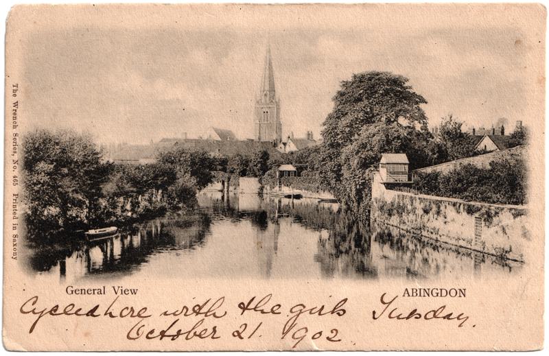 The front of an old postcard. The postcard is of Abingdon: River Thames