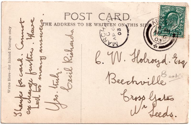 The reverse of an old postcard. The postcard is of Abingdon: Marketplace