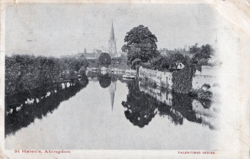 The front of an old postcard. The postcard is of Abingdon: River Thames