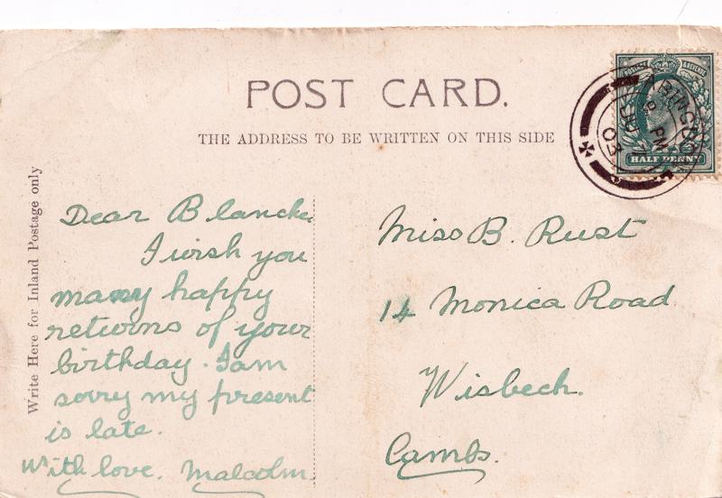 The reverse of an old postcard. The postcard is of Abingdon: River Thames