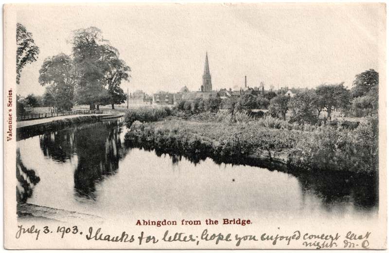 The front of an old postcard. The postcard is of Abingdon: St. Helen's from the Bridge