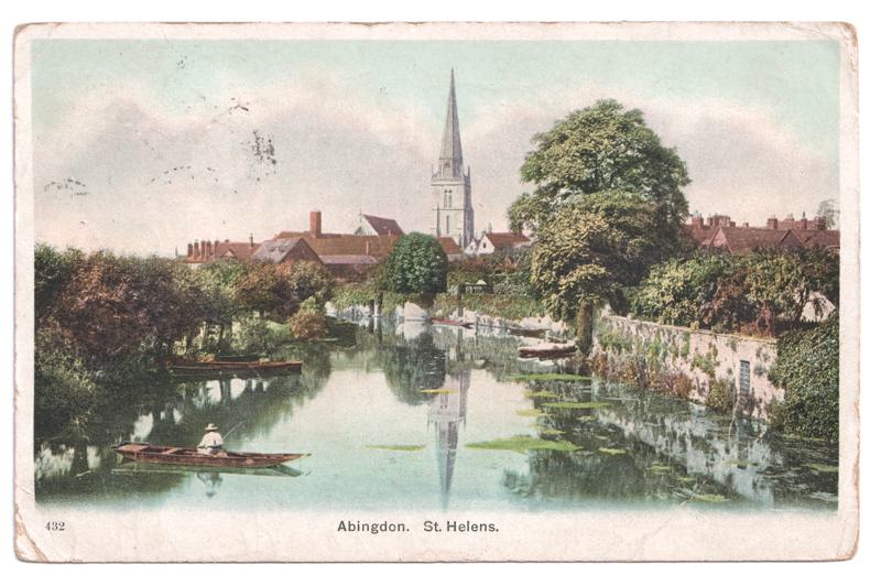 The front of an old postcard. The postcard is of Abingdon: River Thames