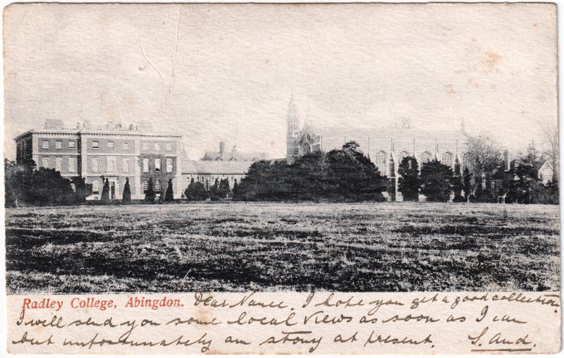 The front of an old postcard. The postcard is of Abingdon: Radley College