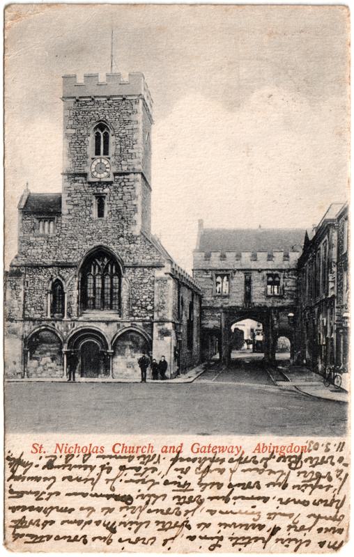 The front of an old postcard. The postcard is of Abingdon: Abbey Gateway