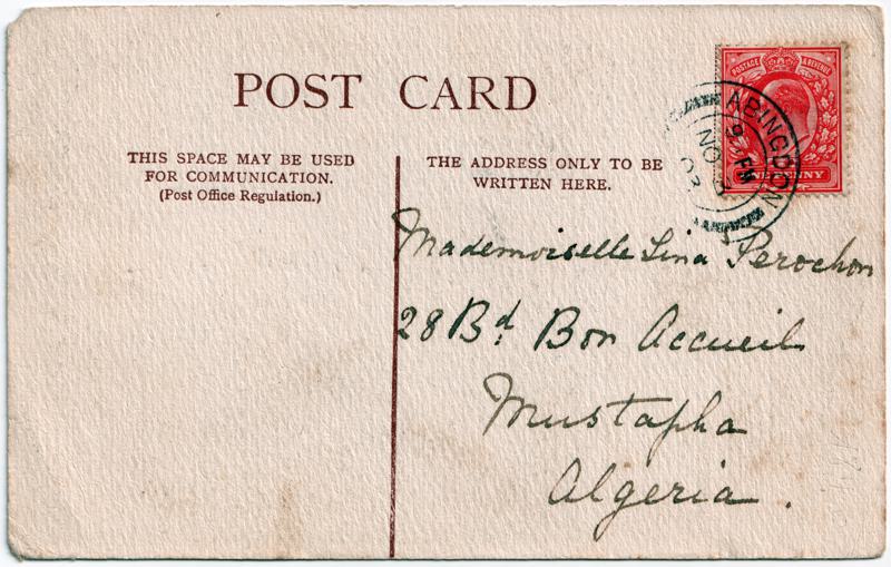 The reverse of an old postcard. The postcard is of Abingdon: Abbey Gateway