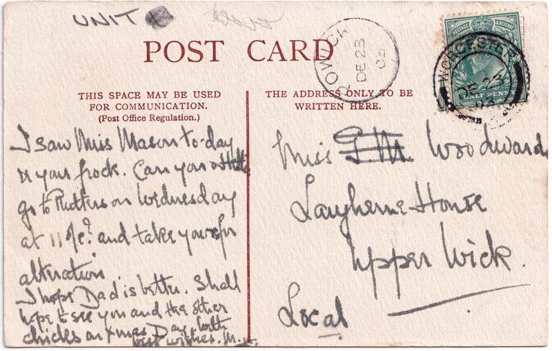 The reverse of an old postcard. The postcard is of Abingdon: Abbey Gateway