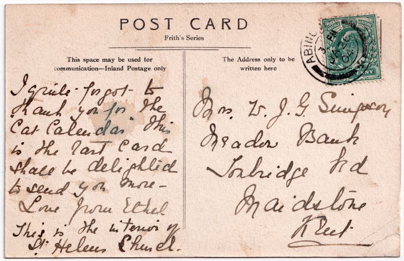 The reverse of an old postcard. The postcard is of Abingdon: St. Helen's Church and the Almshouses