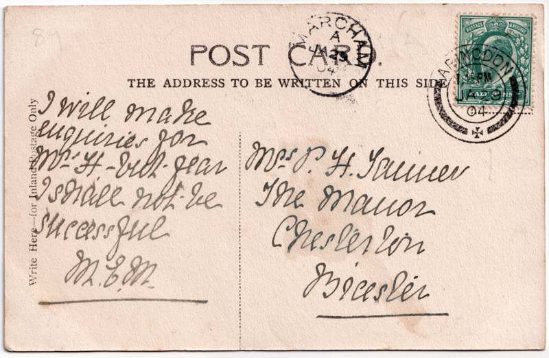 The reverse of an old postcard. The postcard is of Abingdon: Town Centre Streets