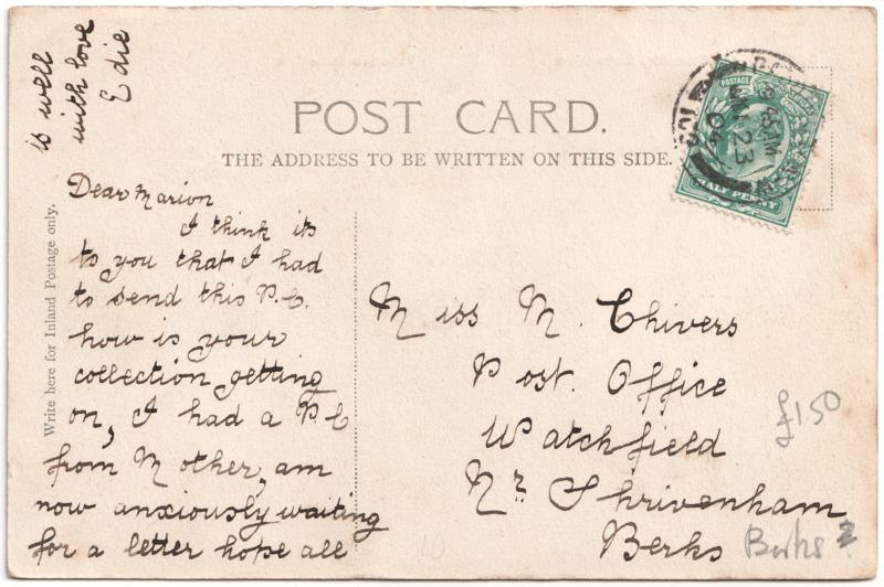 The reverse of an old postcard. The postcard is of Abingdon: Albert Park and Abingdon School
