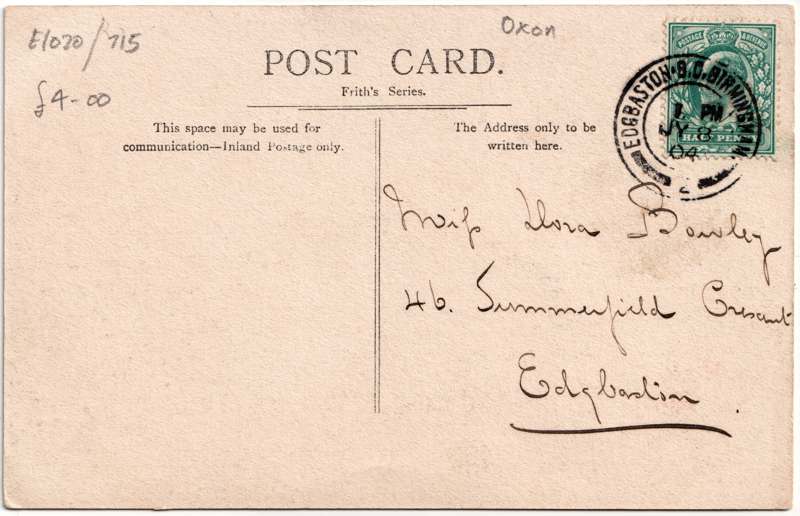 The reverse of an old postcard. The postcard is of Abingdon: Town Centre Streets