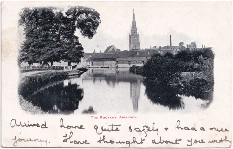 The front of an old postcard. The postcard is of Abingdon: River Thames