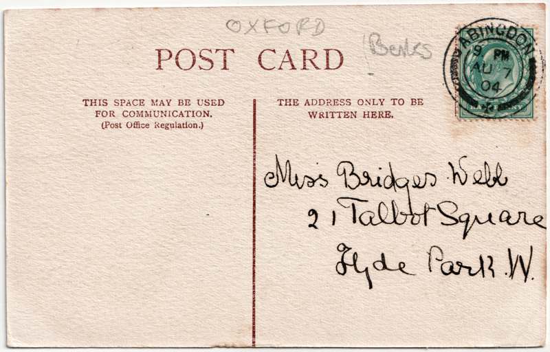 The reverse of an old postcard. The postcard is of Abingdon: The Bridge