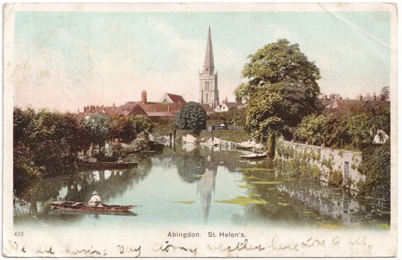The front of an old postcard. The postcard is of Abingdon: River Thames