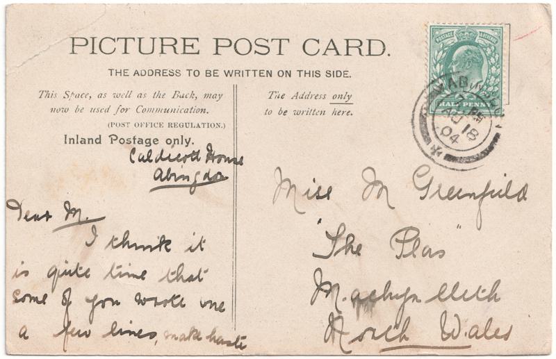The reverse of an old postcard. The postcard is of Abingdon: River Thames