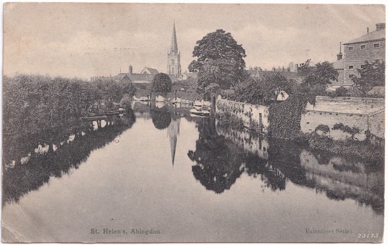 The front of an old postcard. The postcard is of Abingdon: River Thames