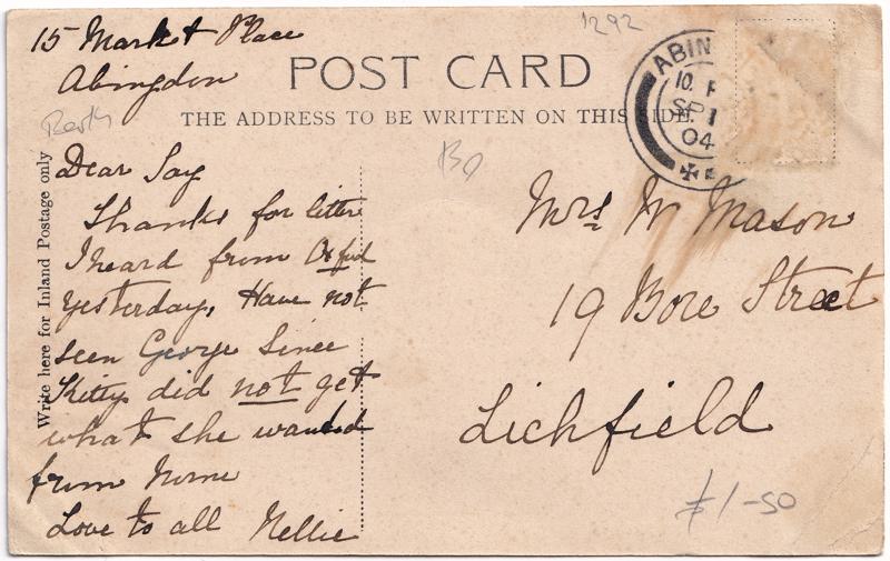 The reverse of an old postcard. The postcard is of Abingdon: River Thames