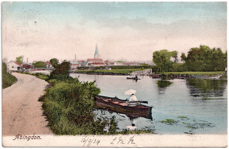 The front of an old postcard. The postcard is of Abingdon: River Thames