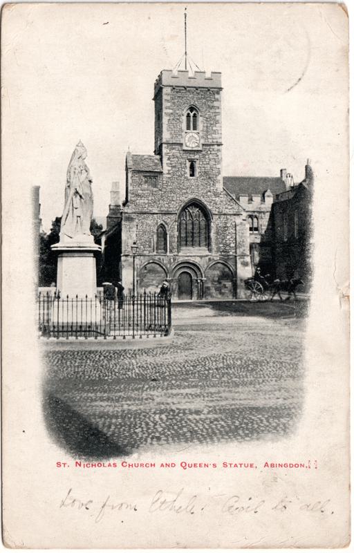The front of an old postcard. The postcard is of Abingdon: Abbey Gateway