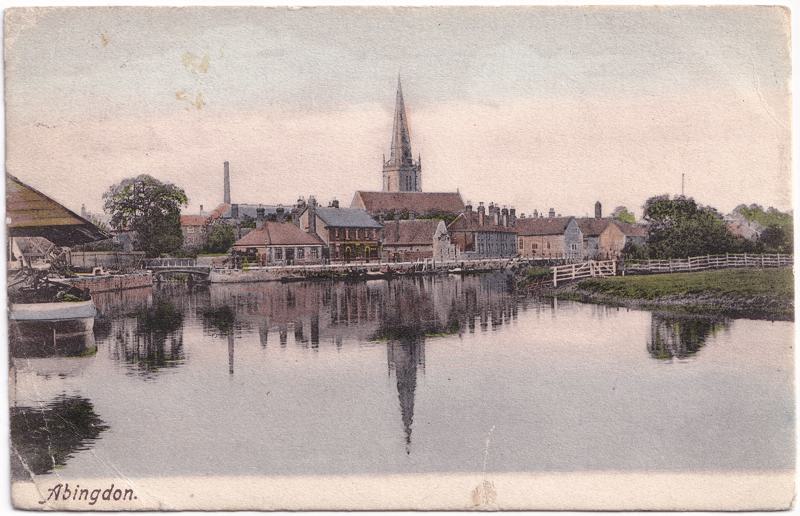 The front of an old postcard. The postcard is of Abingdon: River Thames