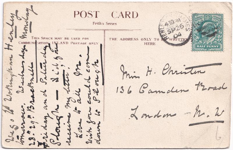 The reverse of an old postcard. The postcard is of Abingdon: River Thames