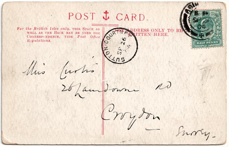 The reverse of an old postcard. The postcard is of Abingdon: Marketplace