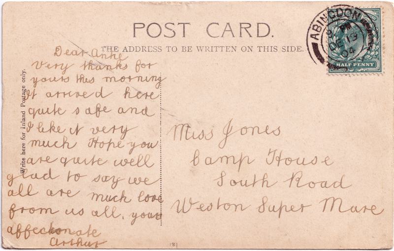 The reverse of an old postcard. The postcard is of Abingdon: River Thames