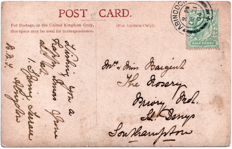 The reverse of an old postcard. The postcard is of Abingdon: Other Streets