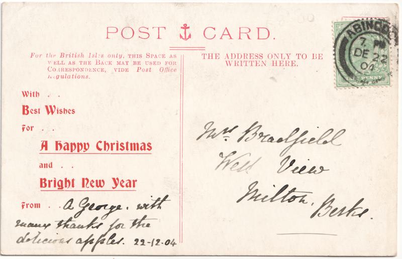 The reverse of an old postcard. The postcard is of Abingdon: Town Centre Streets