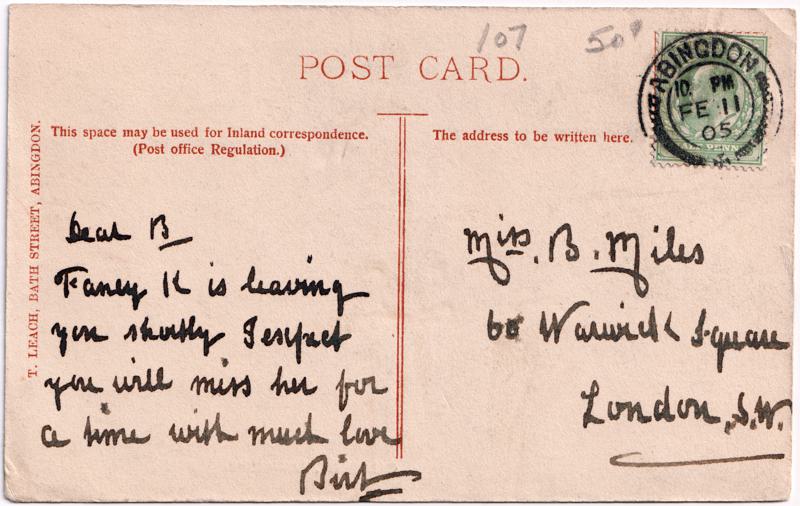 The reverse of an old postcard. The postcard is of Abingdon: Other Streets