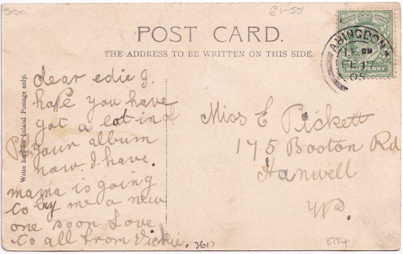 The reverse of an old postcard. The postcard is of Abingdon: Abbey Gateway