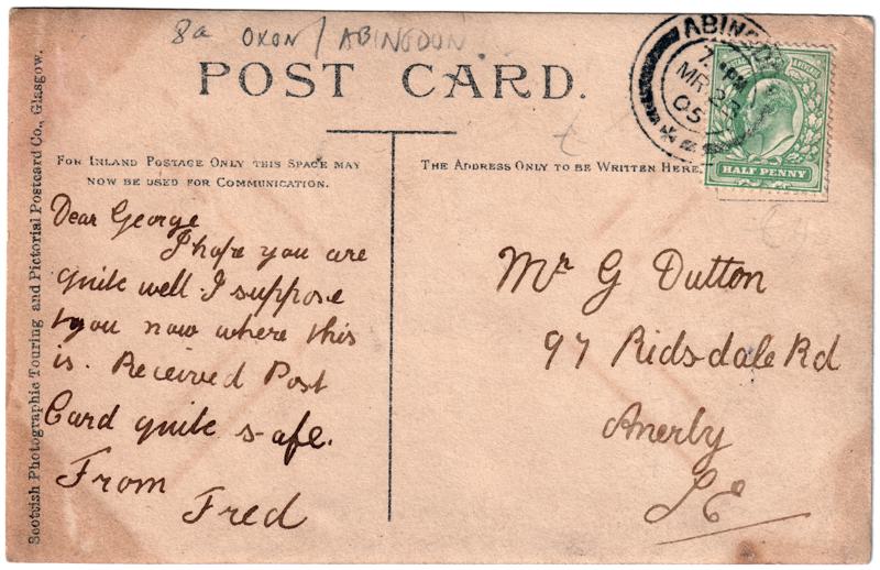 The reverse of an old postcard. The postcard is of Abingdon: Marketplace