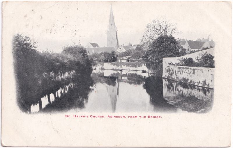 The front of an old postcard. The postcard is of Abingdon: River Thames