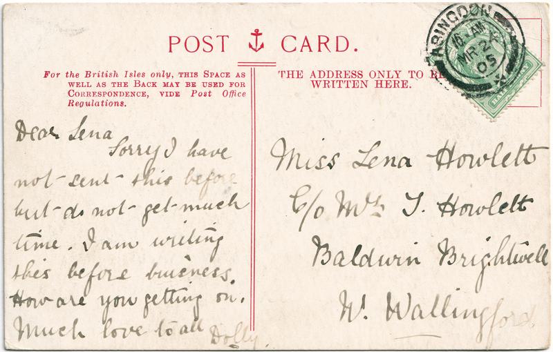 The reverse of an old postcard. The postcard is of Abingdon: River Thames