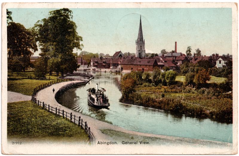 The front of an old postcard. The postcard is of Abingdon: River Thames