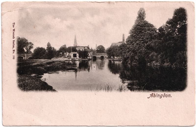 The front of an old postcard. The postcard is of Abingdon: The Bridge