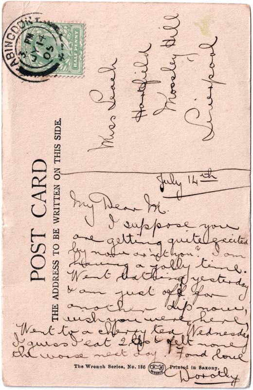 The reverse of an old postcard. The postcard is of Abingdon: The Bridge