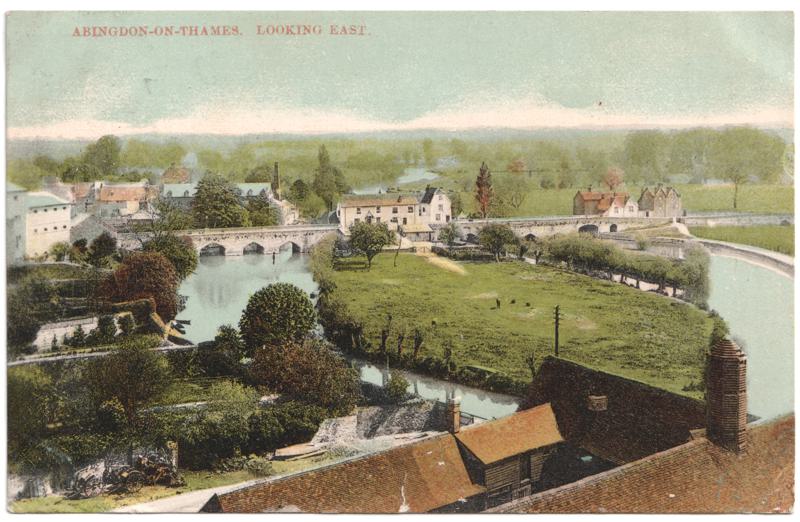 The front of an old postcard. The postcard is of Abingdon: The Bridge