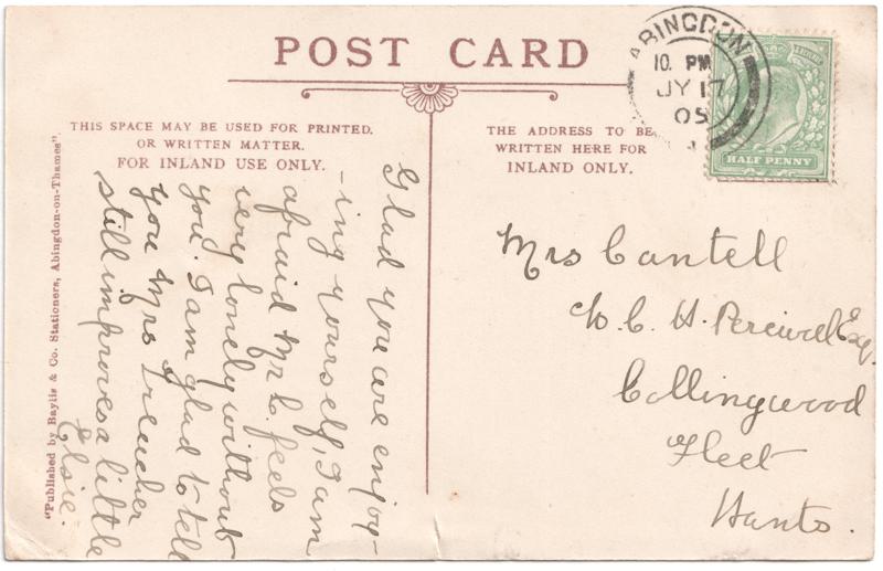 The reverse of an old postcard. The postcard is of Abingdon: The Bridge