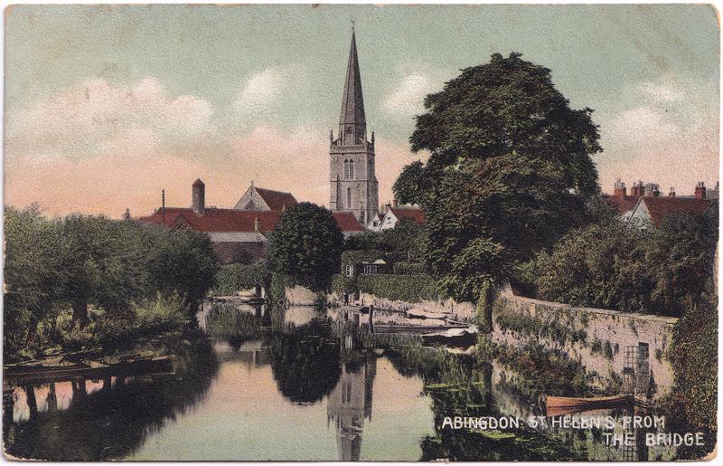 The front of an old postcard. The postcard is of Abingdon: River Thames