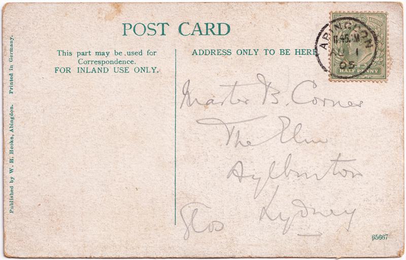 The reverse of an old postcard. The postcard is of Abingdon: River Thames
