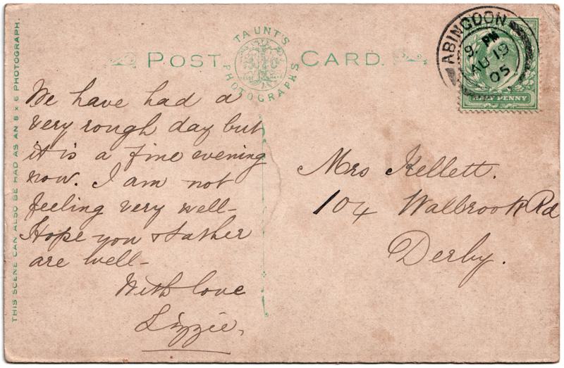 The reverse of an old postcard. The postcard is of Abingdon: The Abbey Buildings