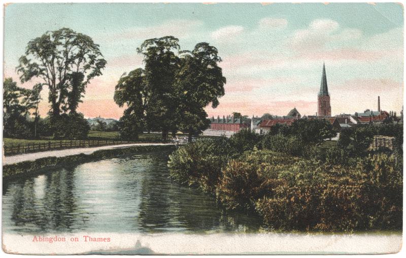 The front of an old postcard. The postcard is of Abingdon: River Thames
