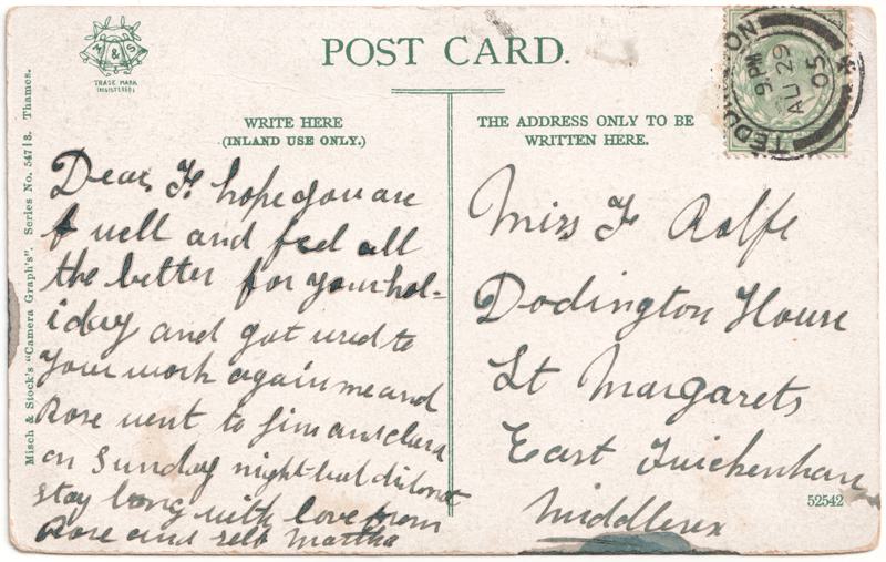 The reverse of an old postcard. The postcard is of Abingdon: River Thames